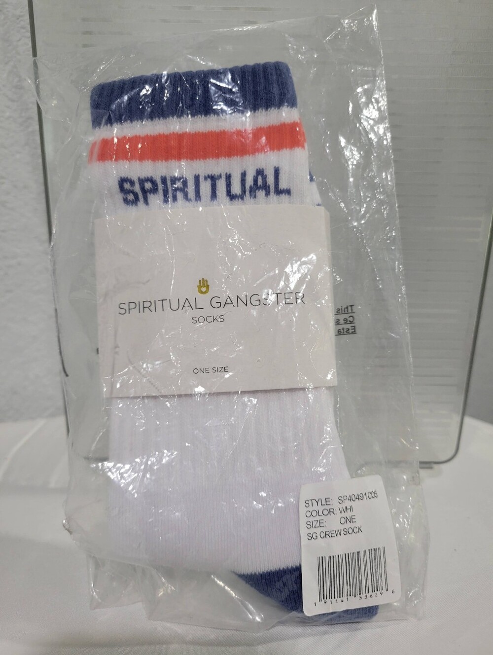 Spiritual Gangster White SG Crew Socks, Blue/Orange Stripe, One Size, NWT